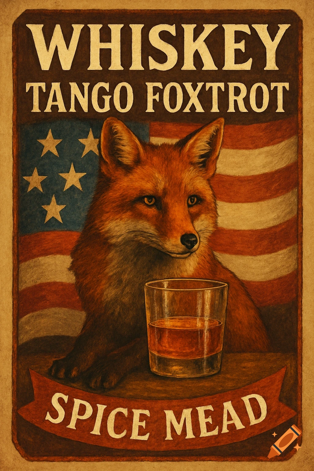 Vintage style label with a fox, American flag, glass of drink, and text 'WHISKEY TANGO FOXTROT SPICE MEAD'.