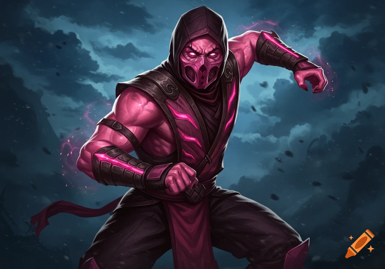 A pink ninja character in a fighting pose against a dark cloudy sky.