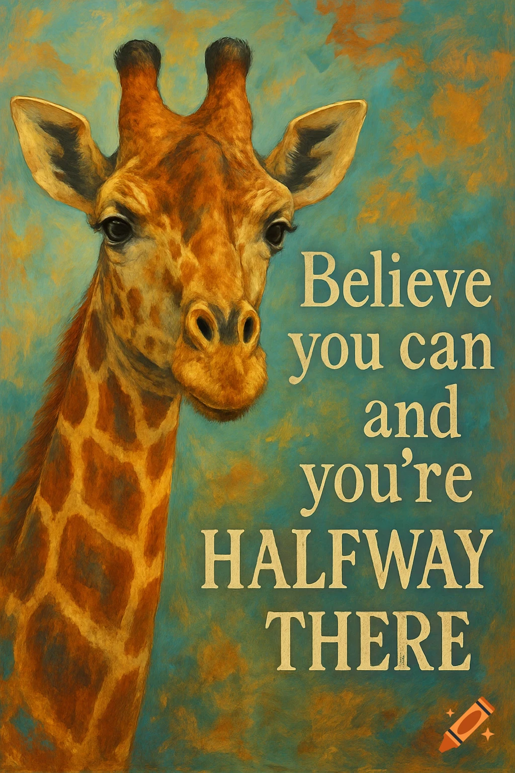A close-up, painterly portrait of a giraffe with the inspirational quote 'Believe you can and you're halfway there'.