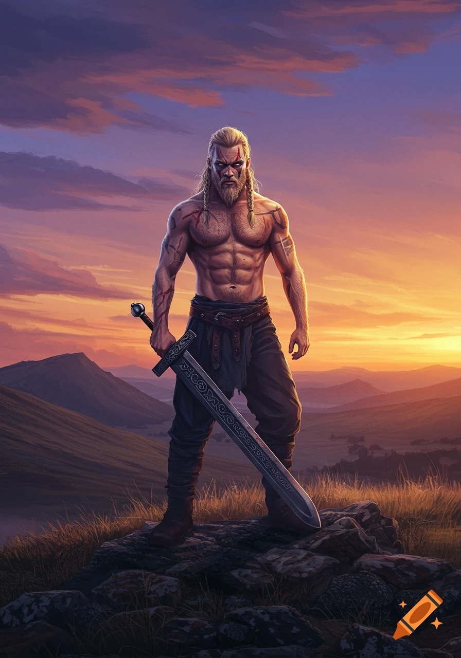 Viking warrior holding a sword on a hill at sunset