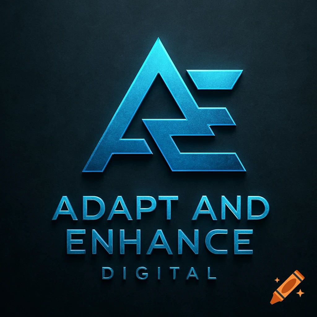 Blue metallic AE logo and text 'ADAPT AND ENHANCE DIGITAL' on dark background.