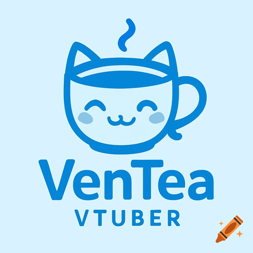 Light blue logo of a teacup with a cat face, steam, and text 'VenTea VTUBER'.