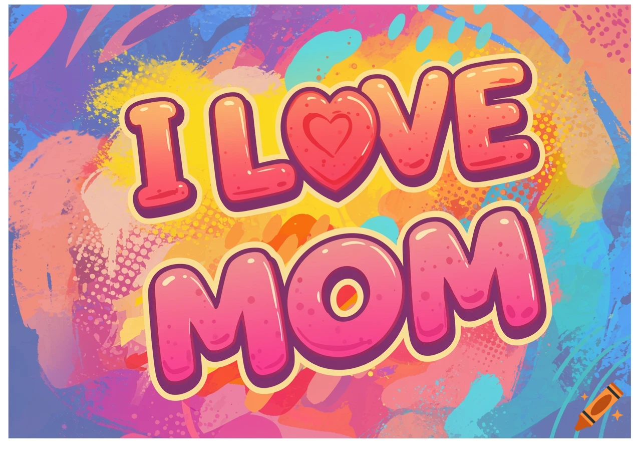 Colorful text art reading 'I LOVE MOM' with a heart.