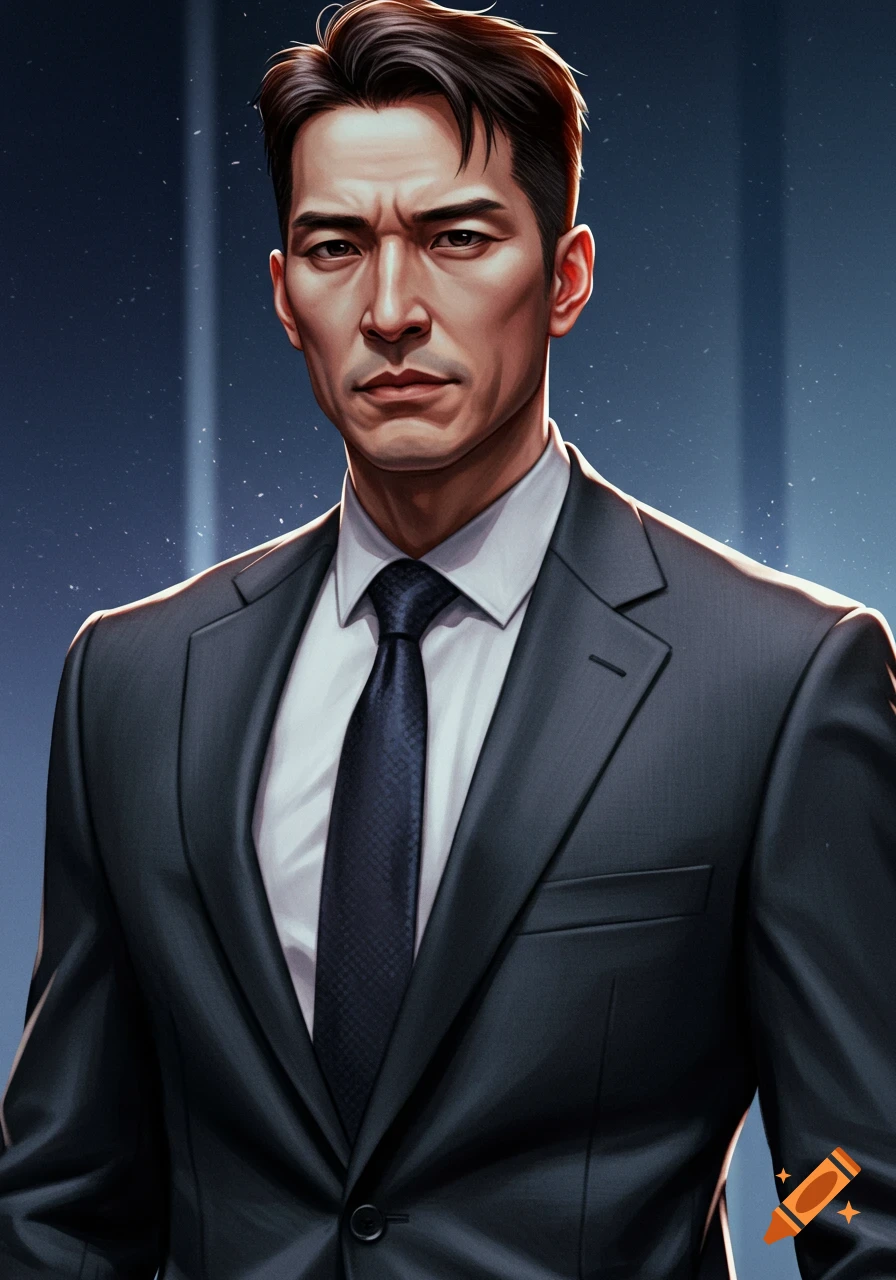 Portrait of a serious Asian man in a dark suit