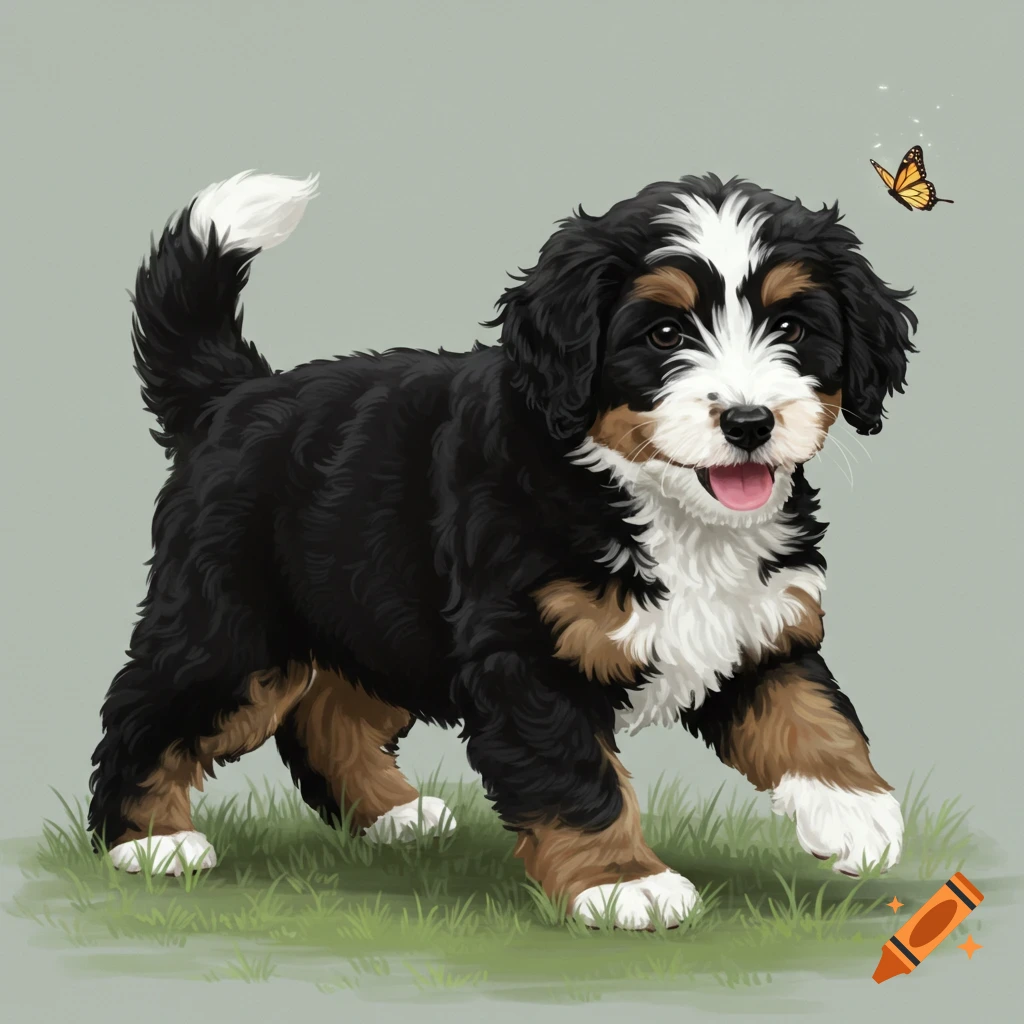 Fluffy Bernedoodle puppy walks on grass with a butterfly nearby.
