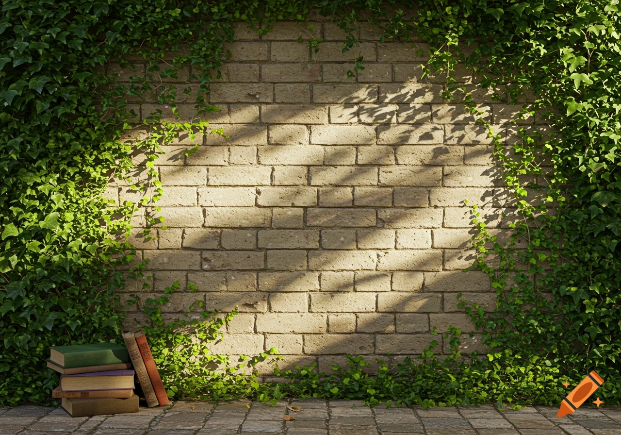 A beige brick wall covered in ivy around the edges, with a stack of books on the ground in the lower left corner. Sunlight casts leaf shadows.