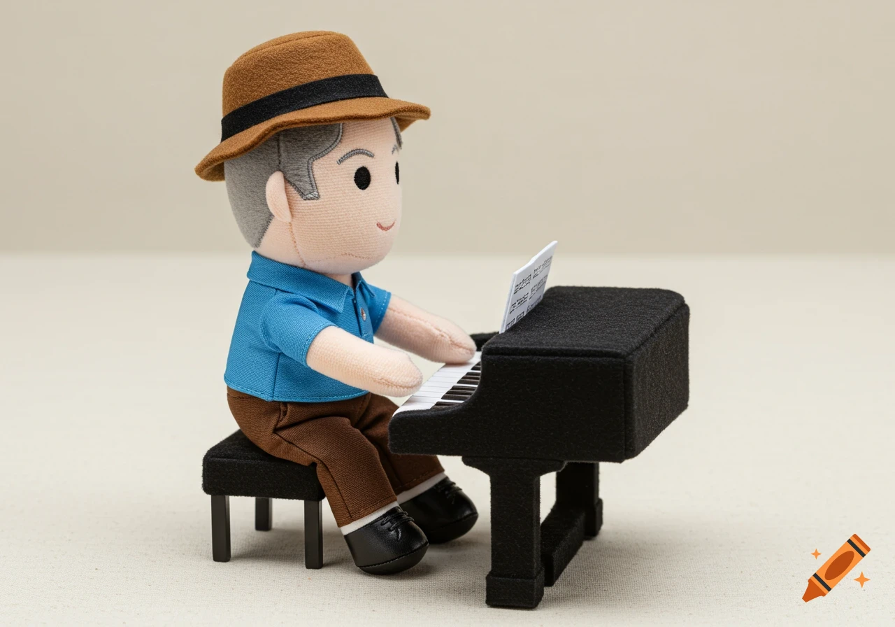 A plush toy of a man in a hat and blue shirt playing a small piano, like a product photo.
