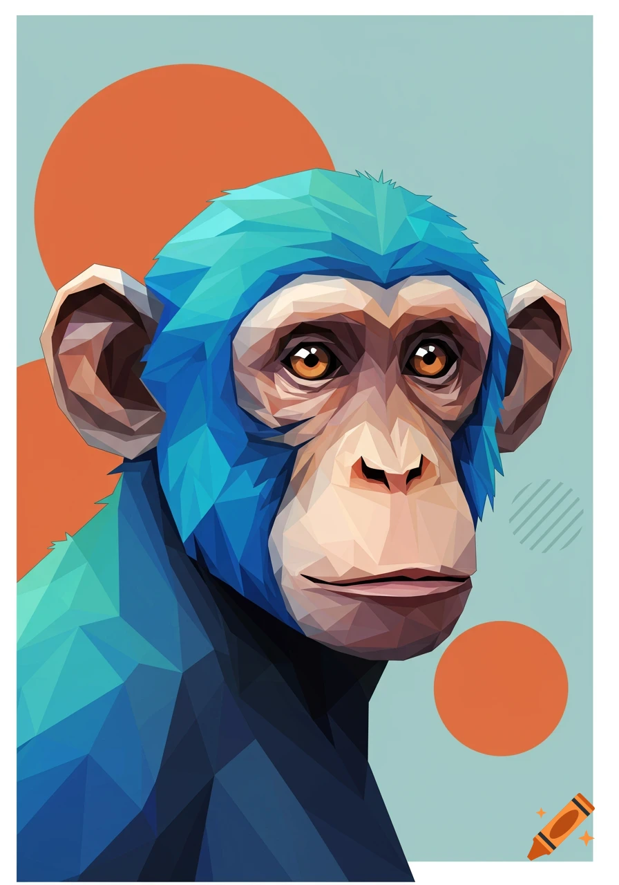 Geometric art portrait of a colorful monkey with blue and green fur