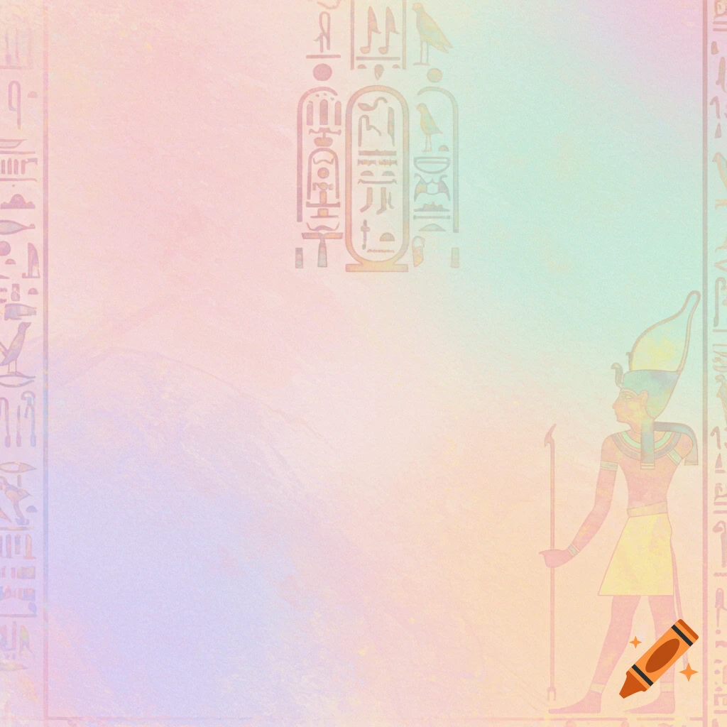 Pastel Egyptian pattern background with figures and hieroglyphs.