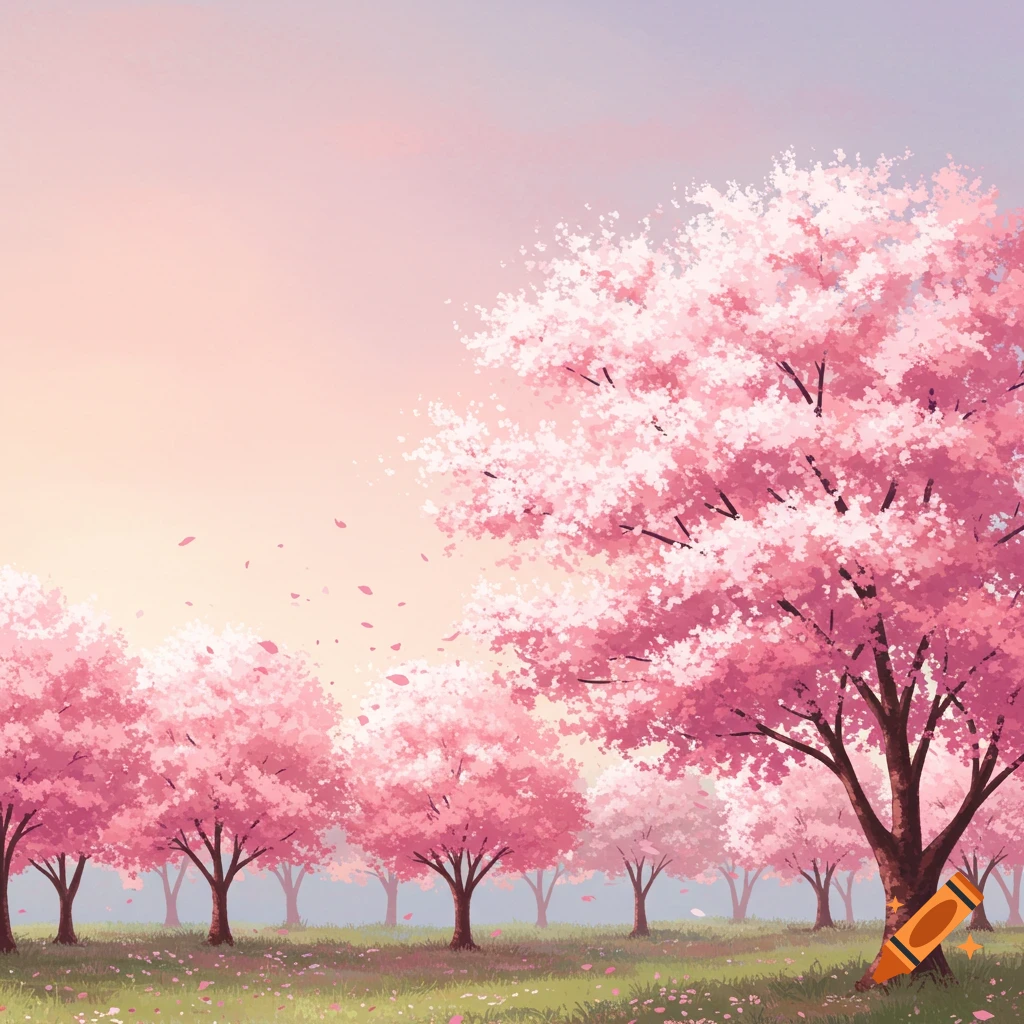 A field filled with pink cherry blossom trees in bloom.