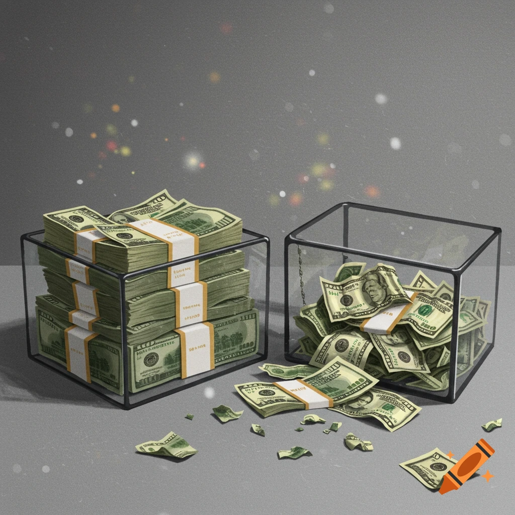 Two glass boxes, one with stacks of neatly arranged banknotes, one with messy money spilling out, with scattered bills on the ground.