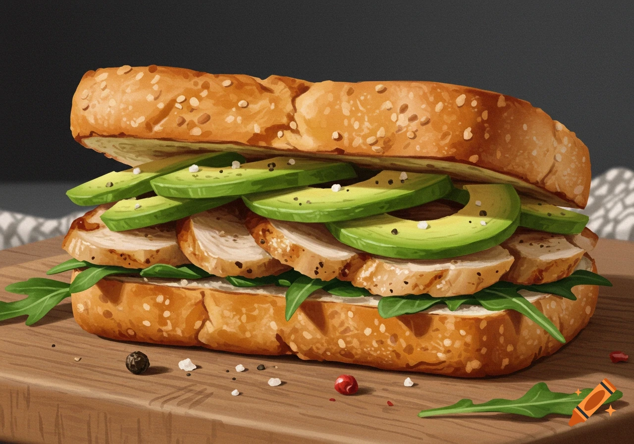 Digital painting of a chicken avocado sandwich on a cutting board with loose salt and pepper.