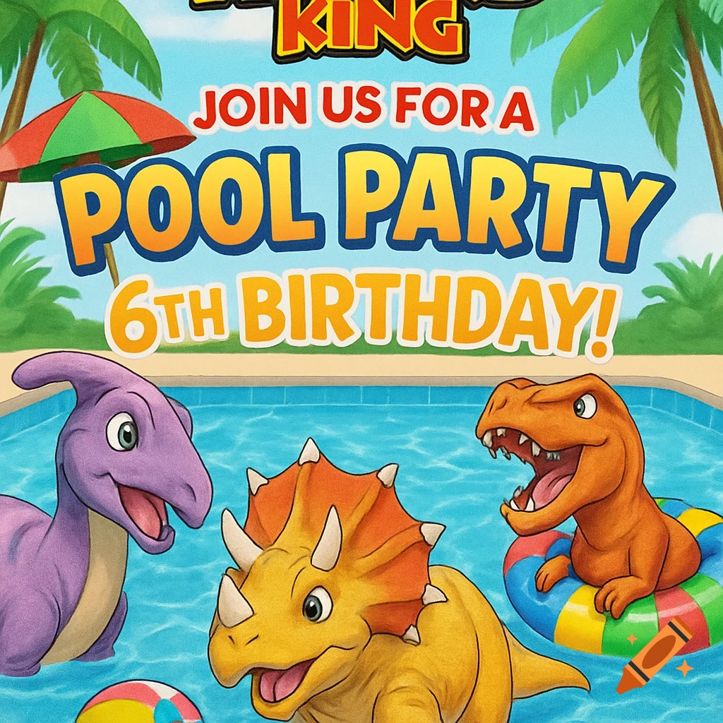 Cartoon dinosaurs at a pool party birthday celebration with text overlay.