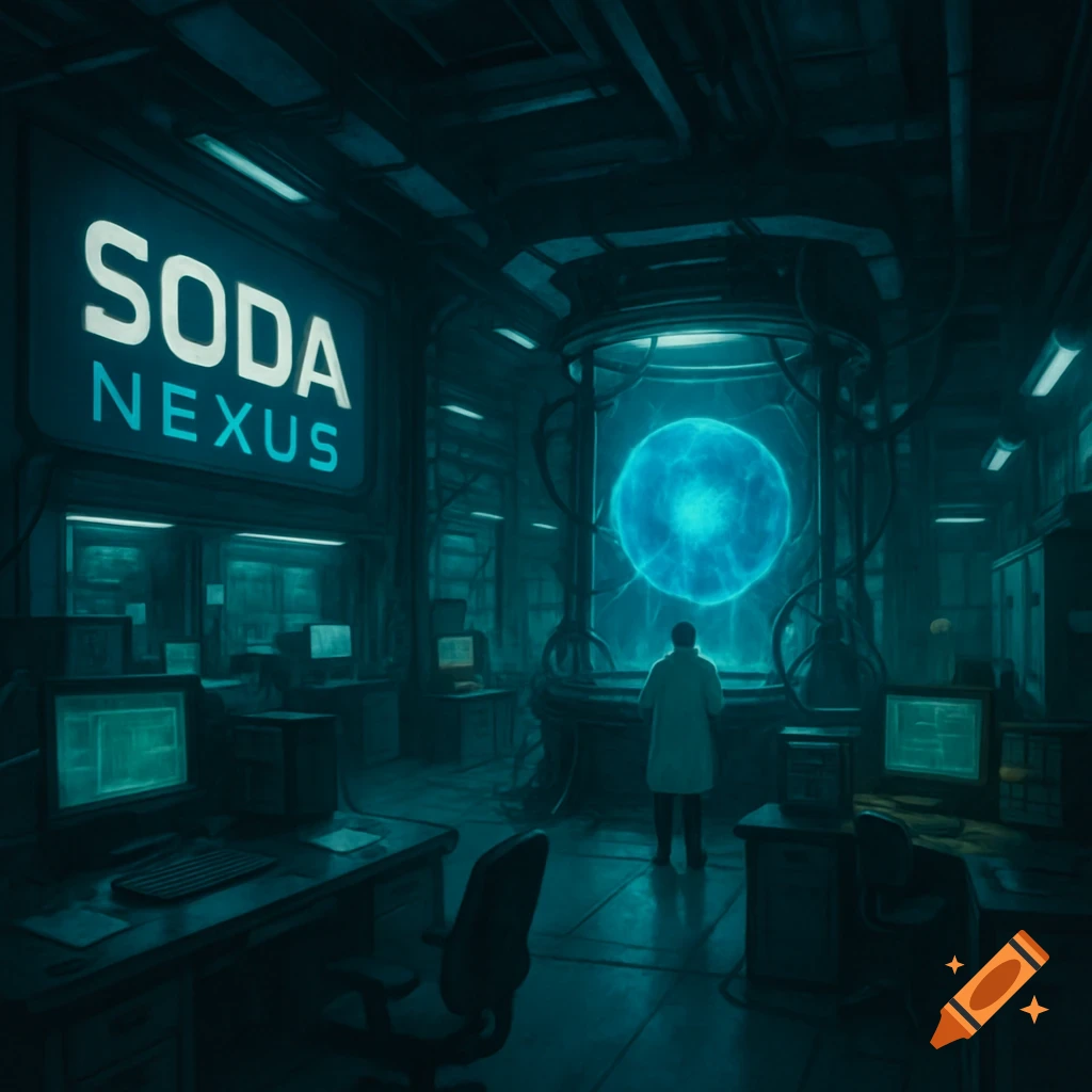 A scientist looks at a glowing blue orb in a dark, futuristic lab with computers and a SODA NEXUS sign.