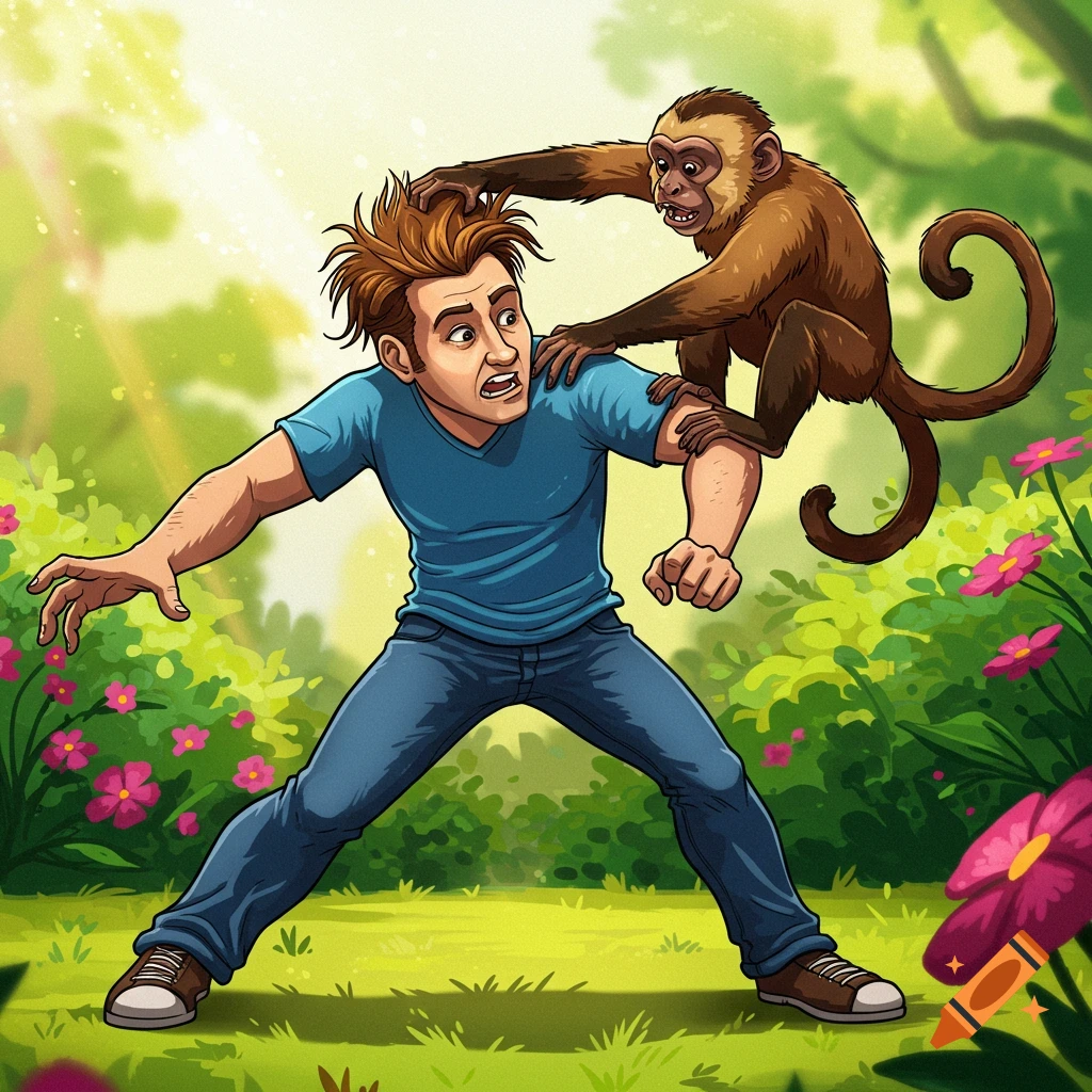 Cartoon illustration of a man being attacked by a monkey in a jungle ...