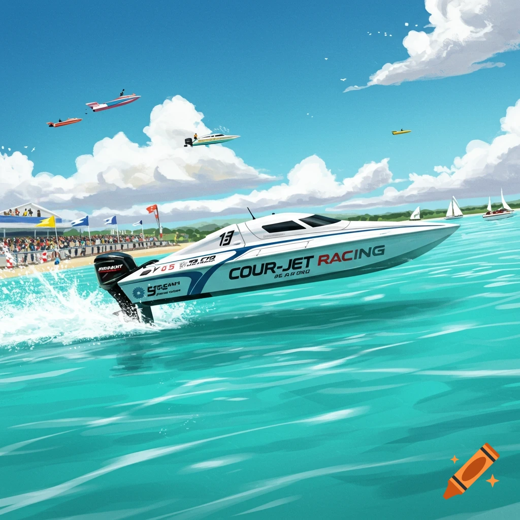 A powerboat races across the water near a beach with spectators. The boat has 'COUR-JET RACING' on its side.