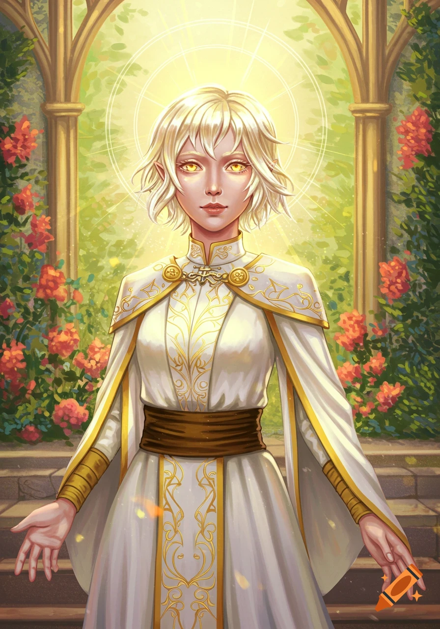A fantasy character with blonde hair and golden eyes in a white and gold  dress stands in an arched garden. on Craiyon