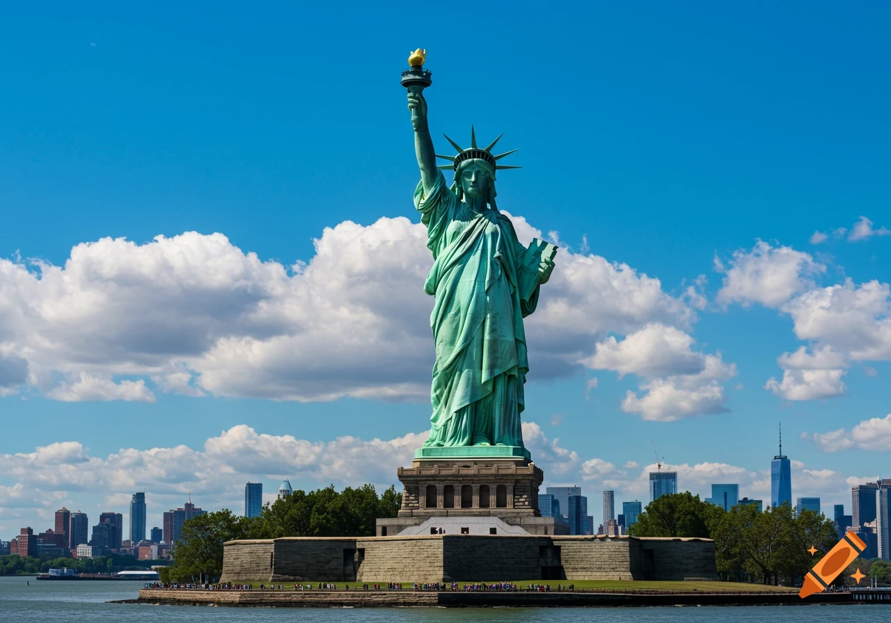 Statue of Liberty on Liberty Island with the New York City skyline behind it on a sunny day