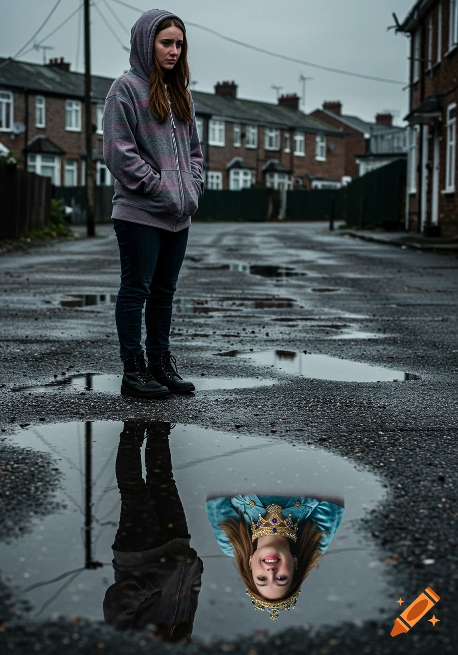 A sad girl in a grey hoodie stands in a rainy street; her reflection shows her as a smiling princess with a crown.