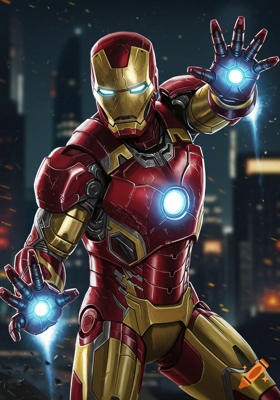 Iron Man in his suit stands in a city, hands raised and glowing, ready for action.