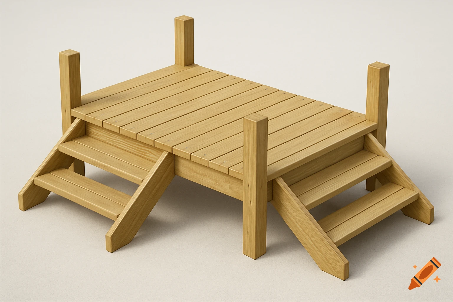 A small wooden deck with stairs on both ends. on Craiyon