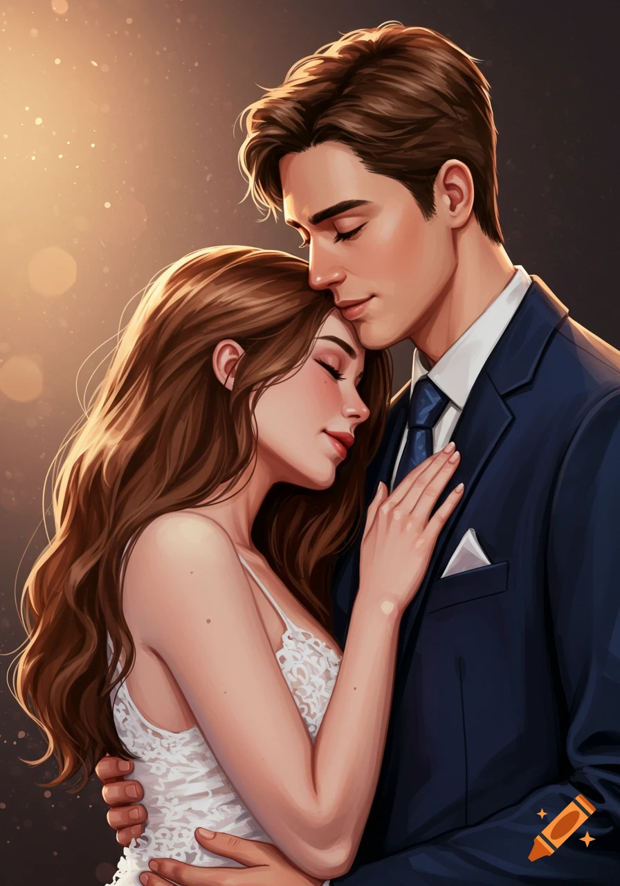 Illustrated image of a couple embracing, his head resting on hers, her hand on his chest, with warm lighting.