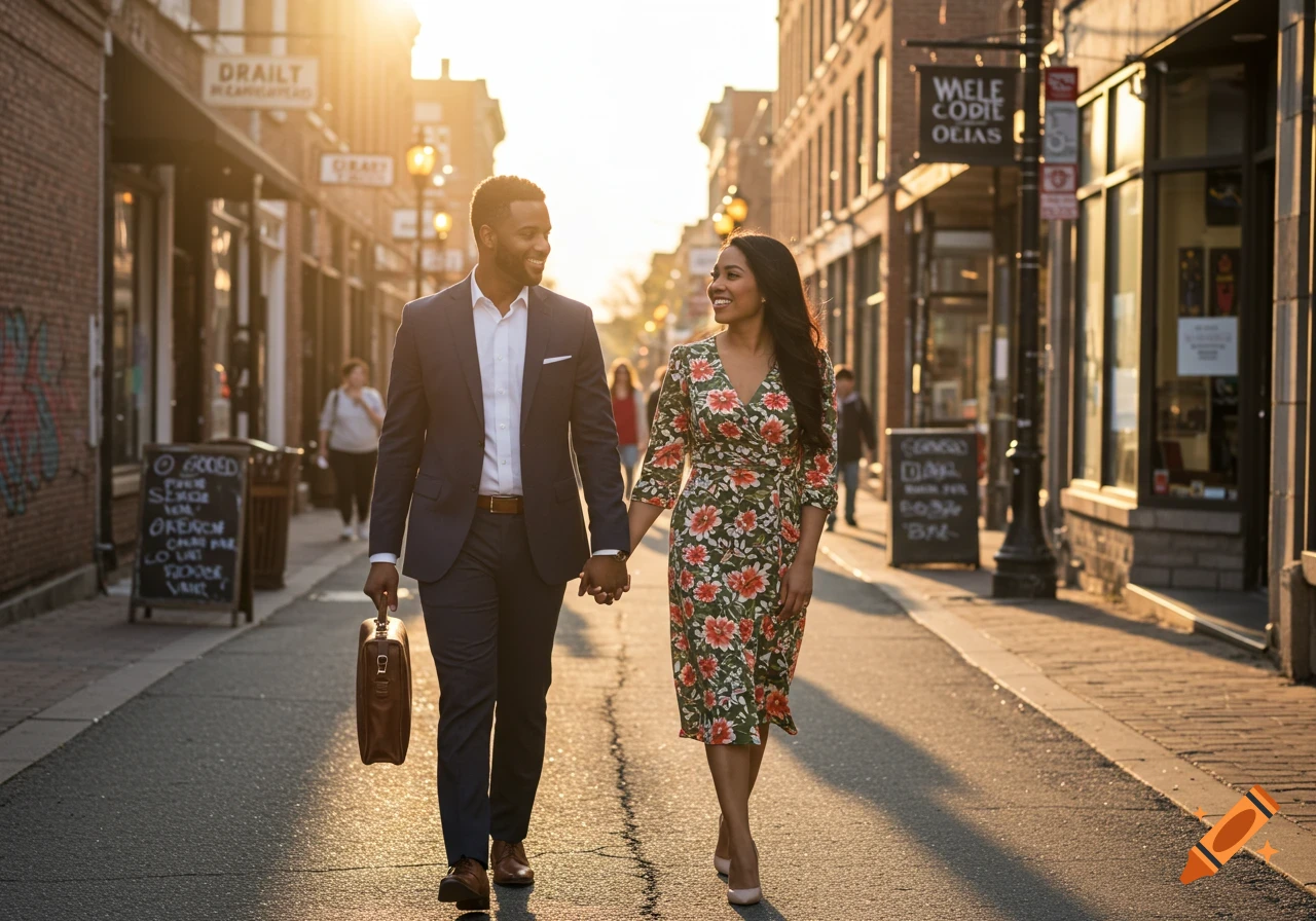 A couple walks hand-in-hand down a sun-drenched city street.