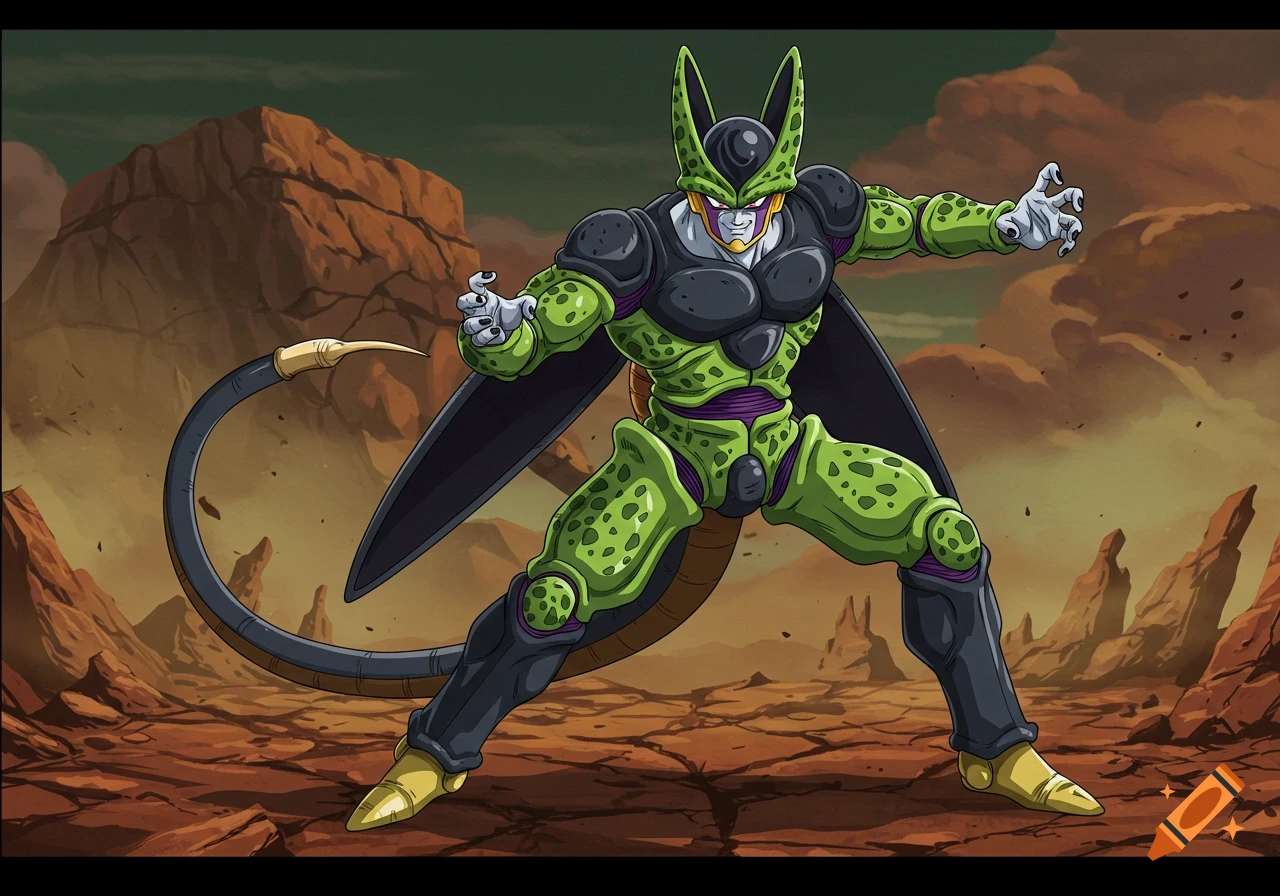 Anime illustration of Cell from Dragon Ball Z posing in a rocky landscape.