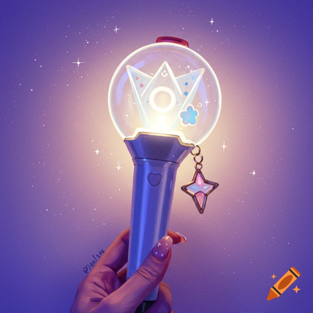 Hand holding a glowing K-pop light stick against a starry purple background illustration