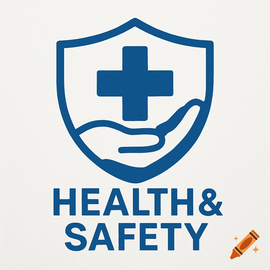A health and safety logo featuring a cross inside a shield with a hand supporting it, and the words HEALTH & SAFETY below.