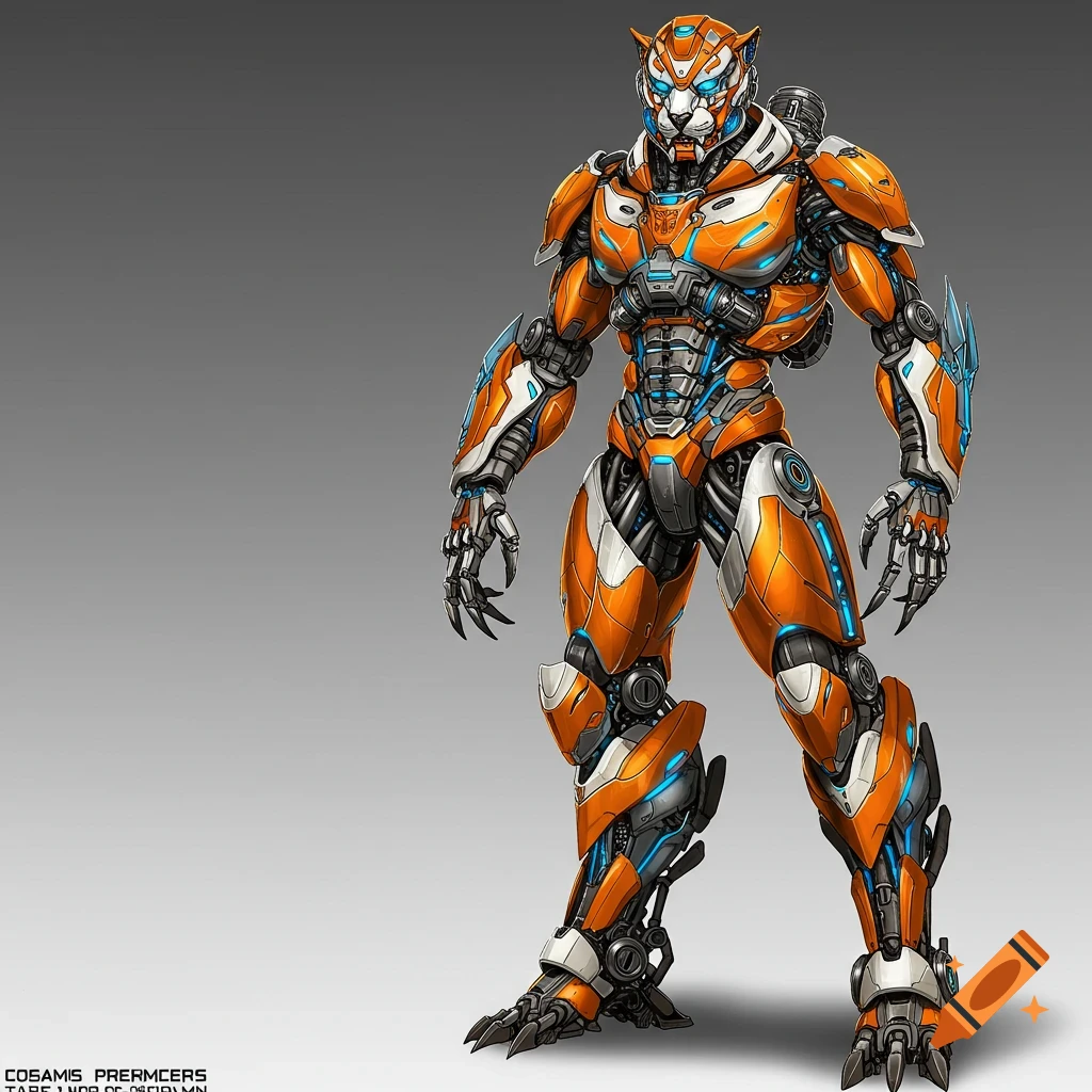 Detailed orange, blue, and white sci-fi robot with tiger head and claws.