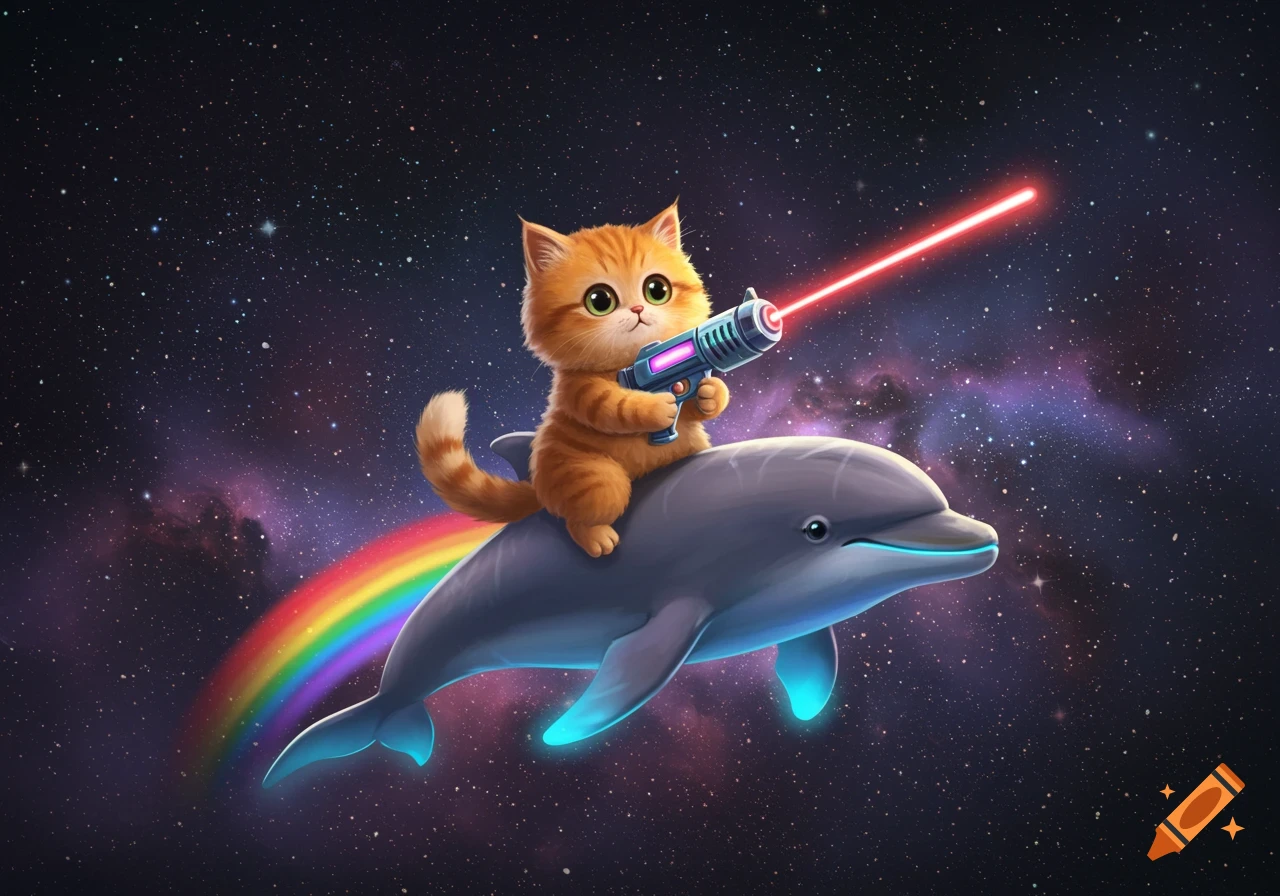 A cartoon ginger cat rides a dolphin through space, firing a laser gun, with a rainbow arching behind them.