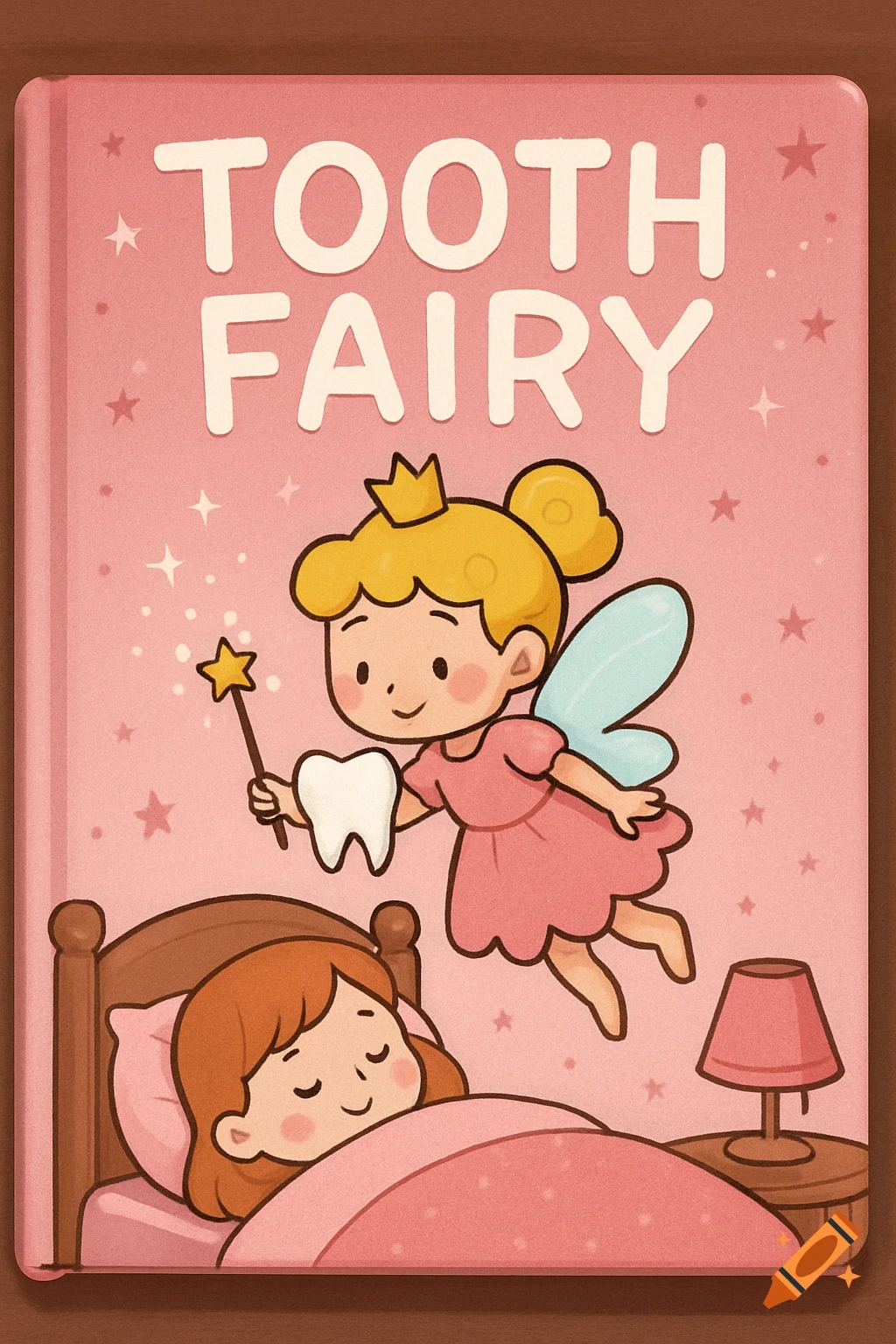 Cartoon image of a tooth fairy flying over a sleeping child's bed. The image is styled as a book cover titled 'TOOTH FAIRY'.