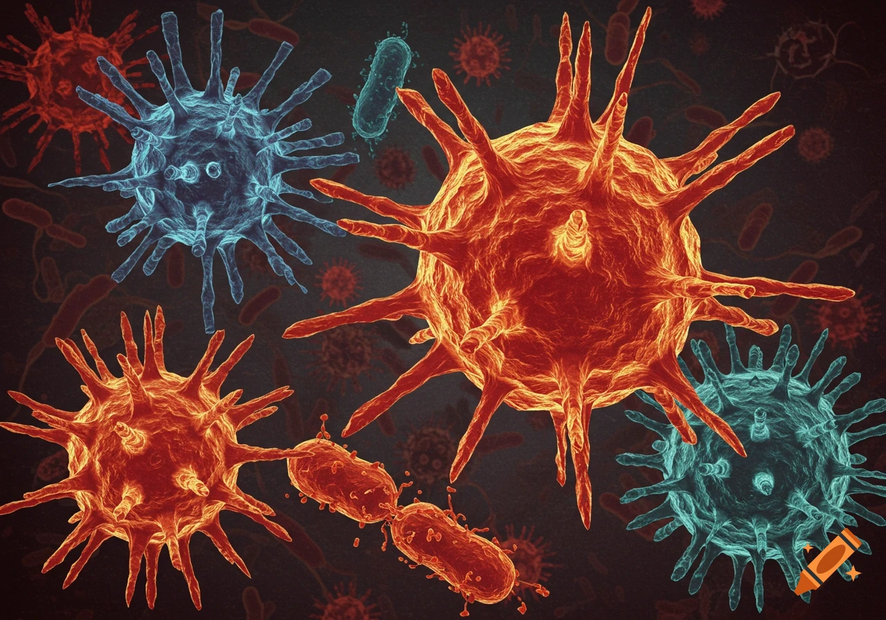 Detailed 3D illustration of colorful viruses and bacteria magnified