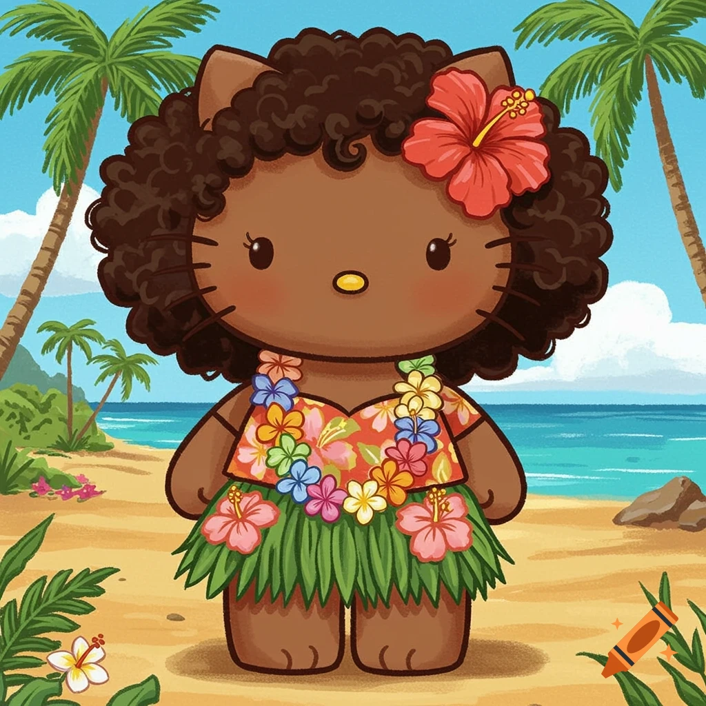 Hello Kitty character with brown skin and curly hair wearing a Hawaiian outfit on a beach.