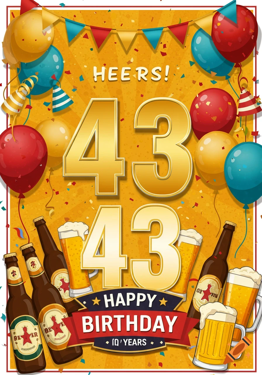 Illustration of a 43rd birthday celebration with golden numbers, beer bottles, glasses, balloons, and banners.