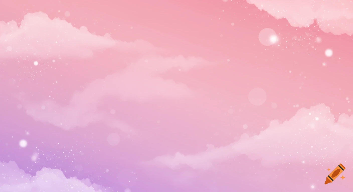 Pastel pink and purple gradient sky background with soft clouds and scattered sparkles.