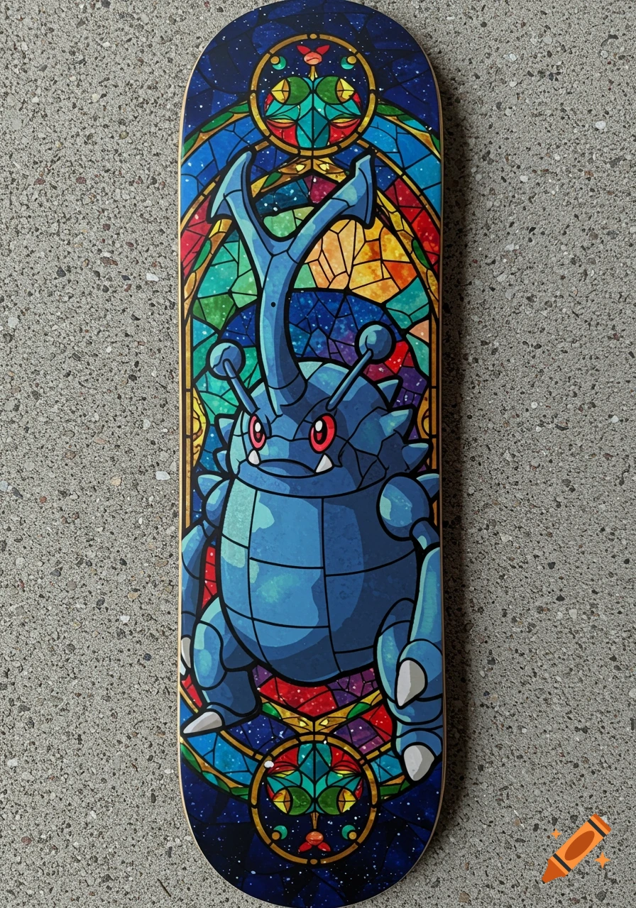 Stained glass style illustration of Heracross Pokemon on a skateboard deck.
