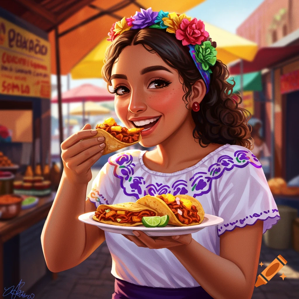 An illustration of a happy woman eating tacos at a market, wearing a white blouse and flower crown.