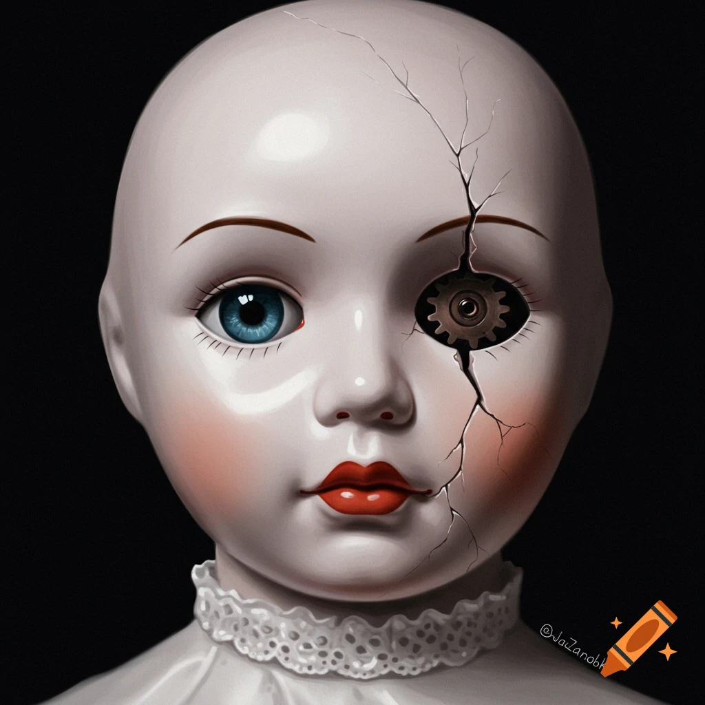 Close up of a porcelain doll's face cracked open to reveal a gear where its eye should be.