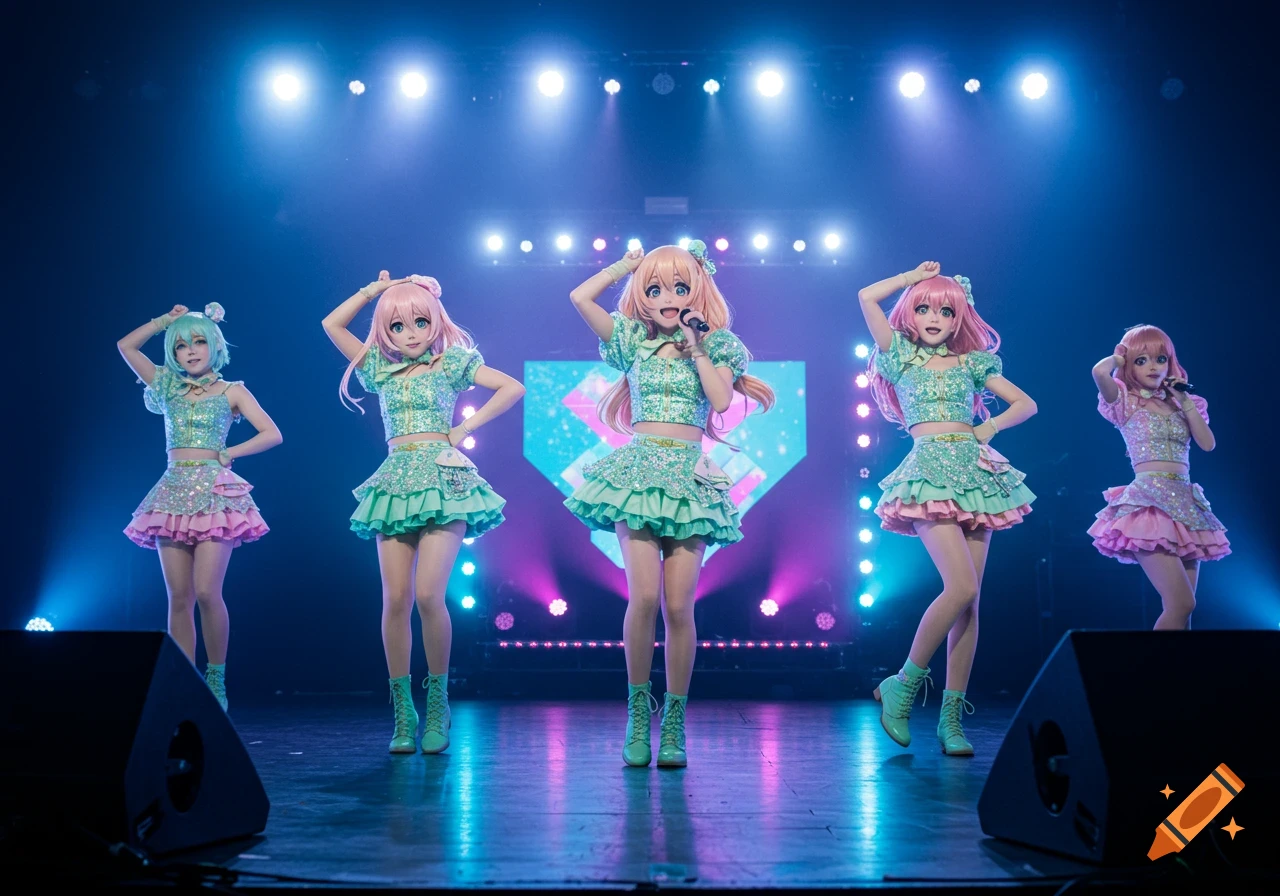 Five anime idols perform on a stage in sparkly pastel green outfits