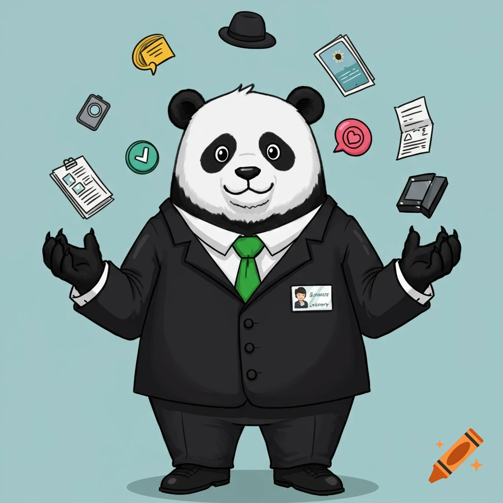 Cartoon panda in a suit juggling office items like documents, a camera, and a hat.