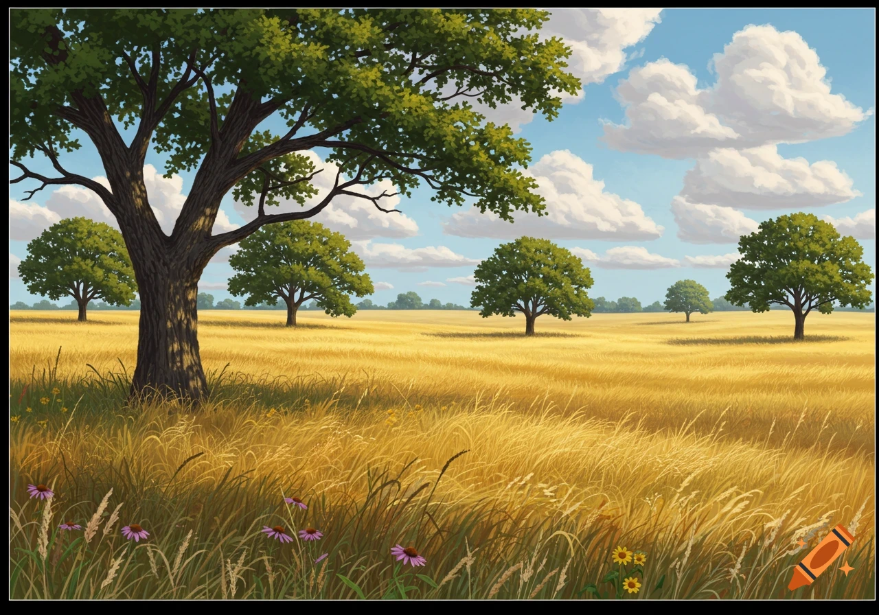 A field of golden grass under a partly cloudy sky, with scattered trees in the distance and a large tree in the foreground.