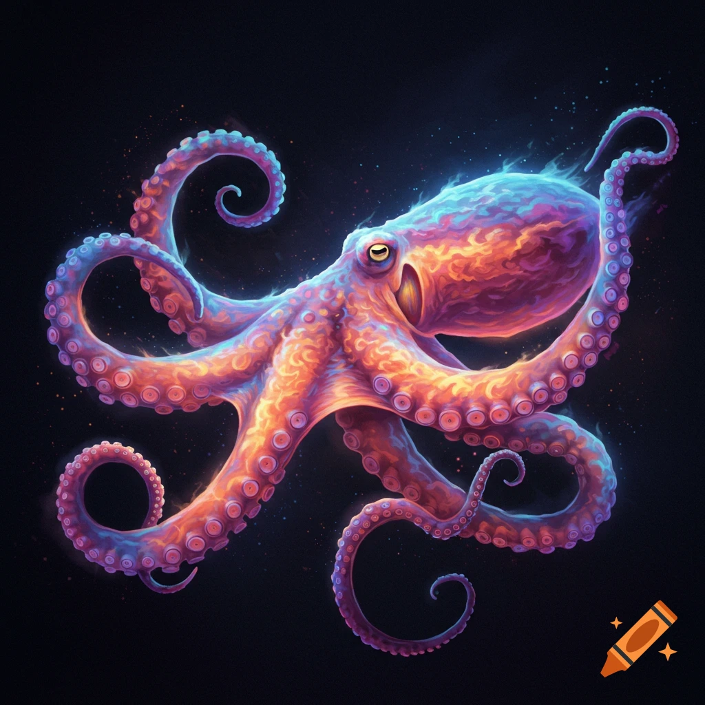 A vibrant, gas-like octopus glows with pink, orange, and blue light against a dark background.