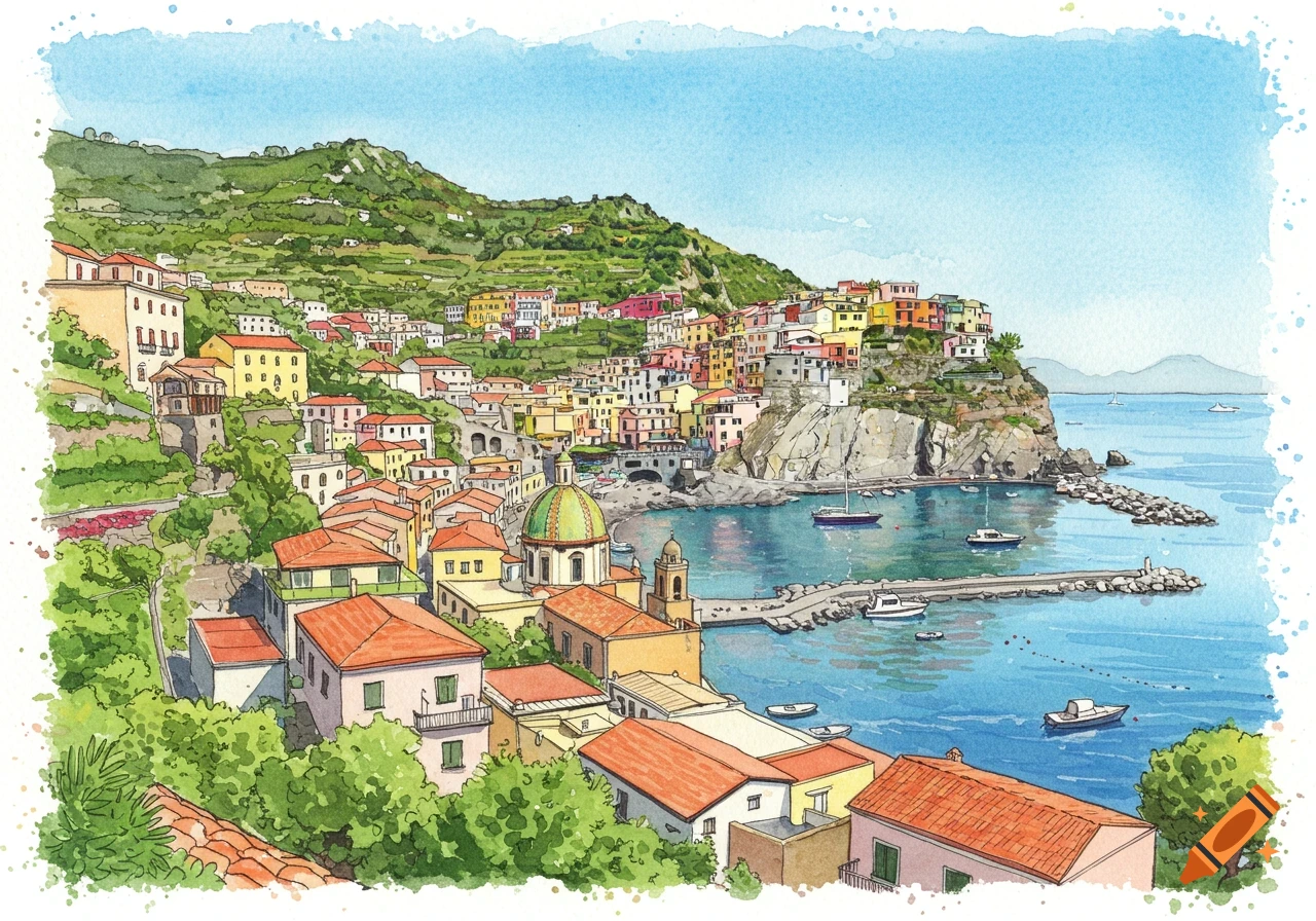 Watercolor painting of a colorful hillside town overlooking a harbor with boats.