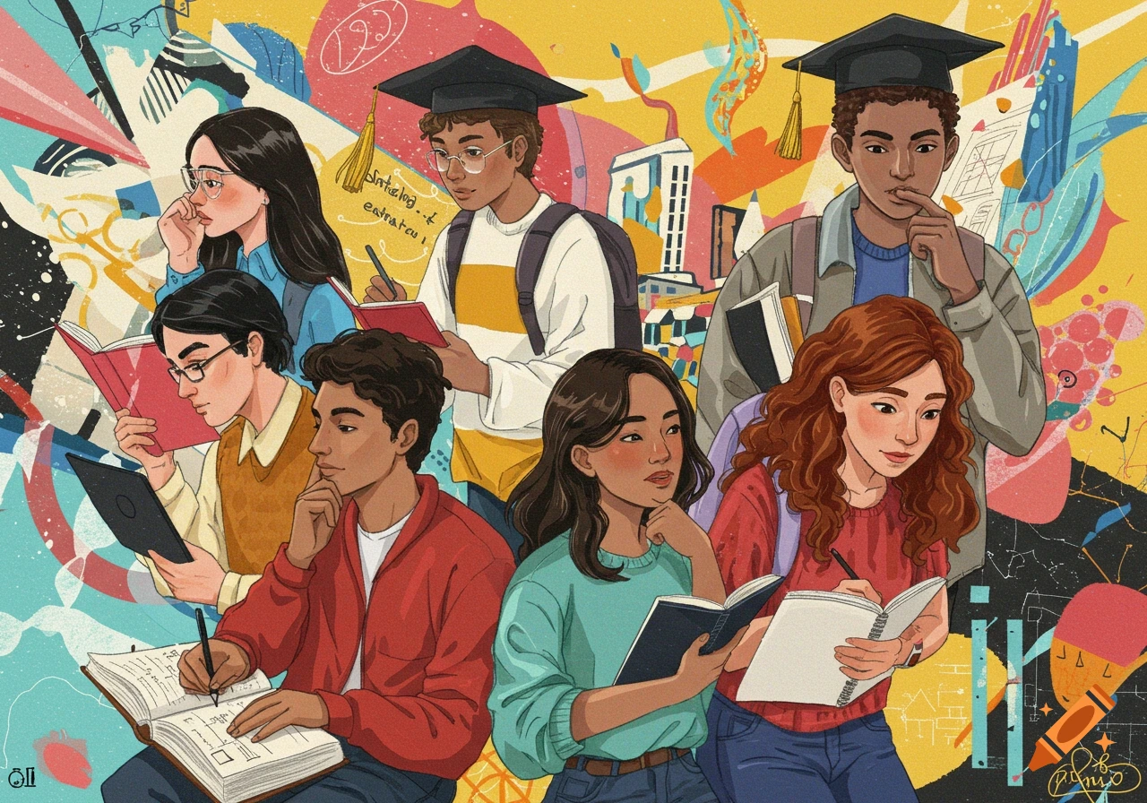 Illustration of diverse college students studying and thinking against a bright, abstract background.