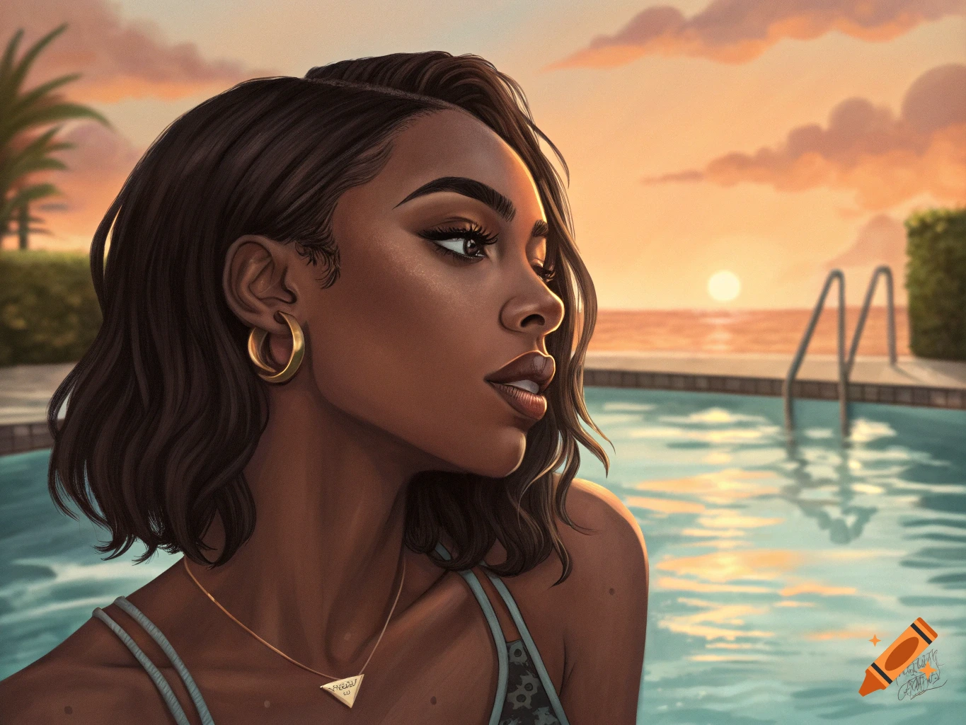 Digital painting of a woman by a pool watching the sunset.
