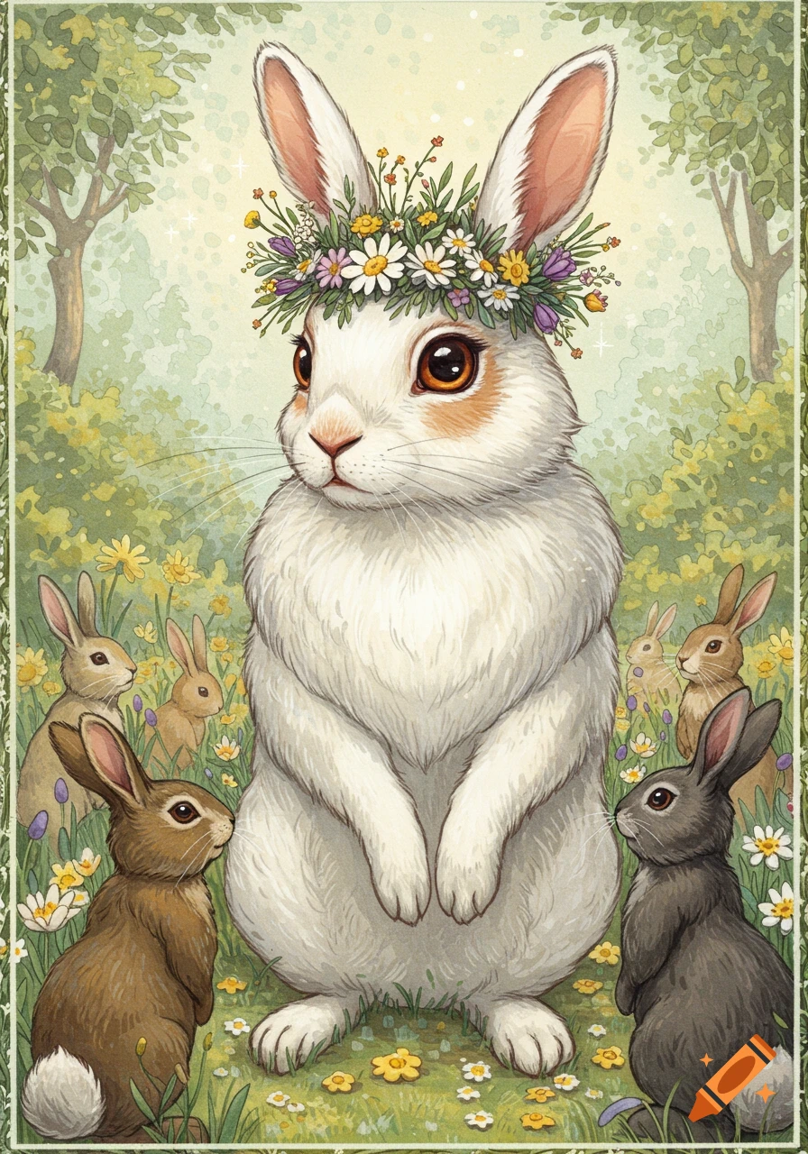 A large white rabbit wearing a flower crown sits in a field with smaller rabbits in a watercolor illustration.