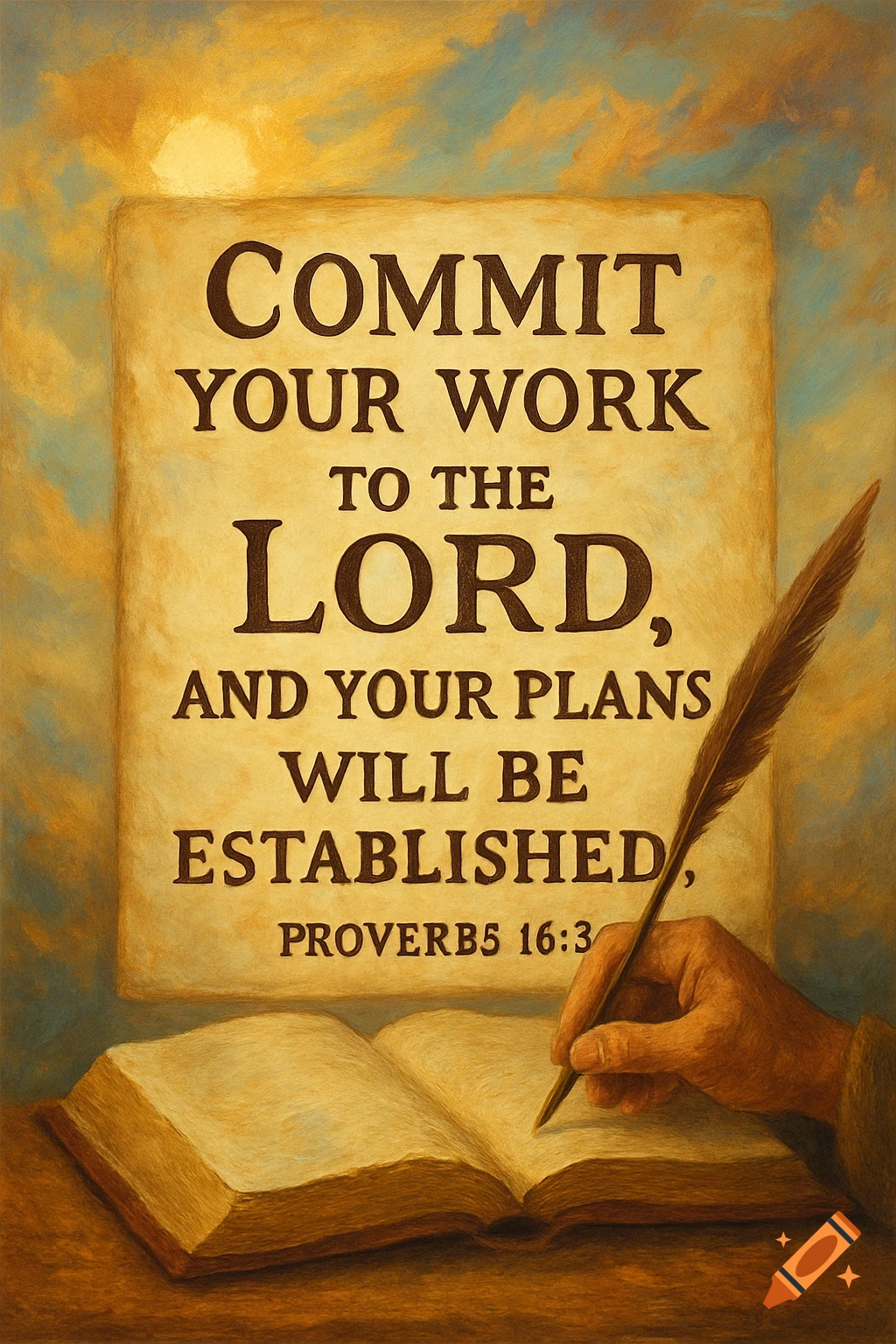 A hand writing a Bible verse on a scroll with a feather pen, next to an open book, in a painterly style.