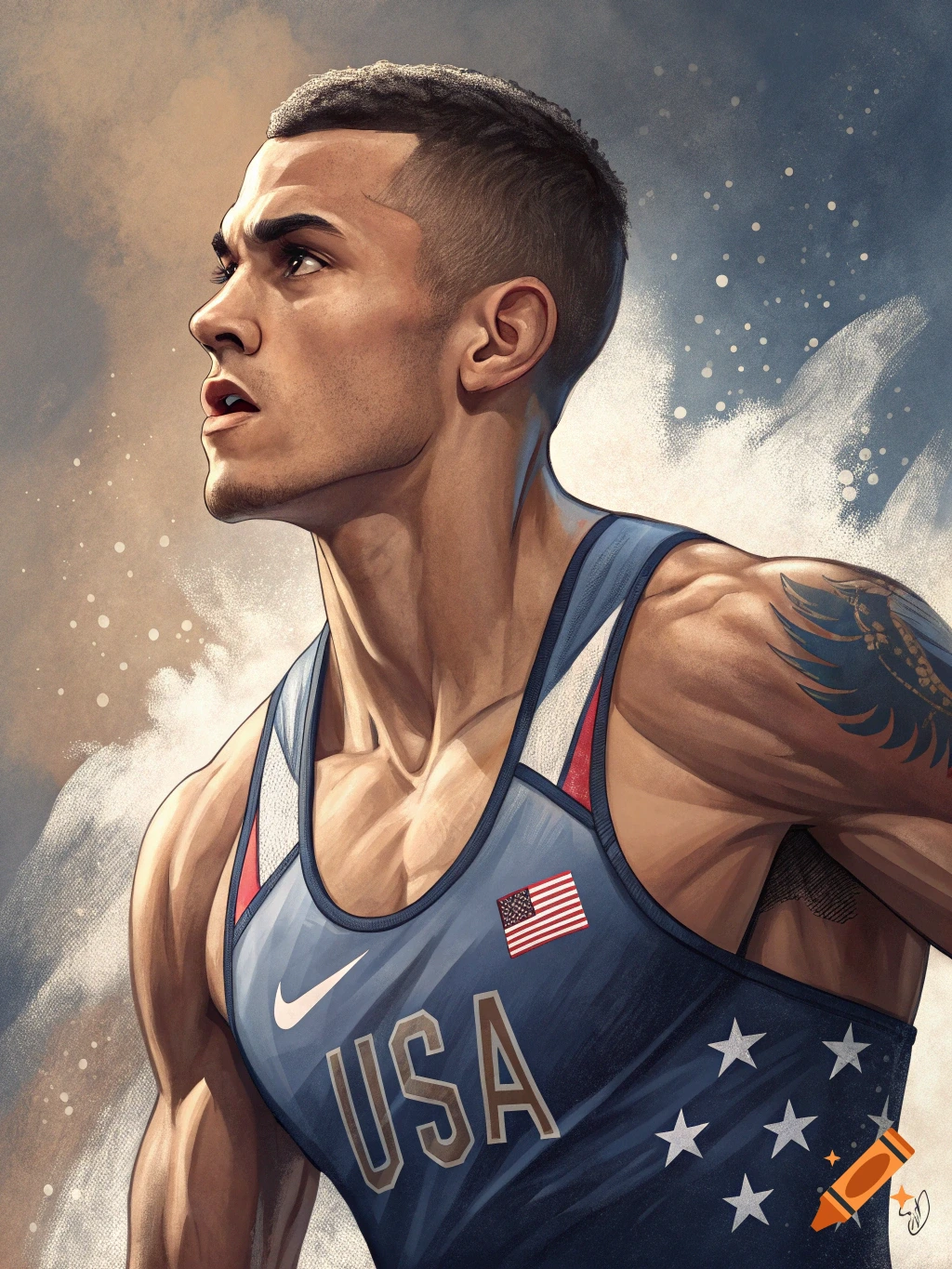 Illustration of a male athlete in a USA singlet, looking upwards.